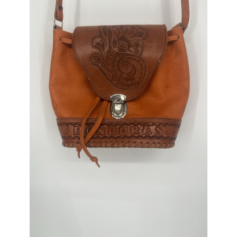 VTG Hand Tooled Leather Mini Crossbody Bag Purse, Boho Saddle Flap Honduras - Picture 2 of 10